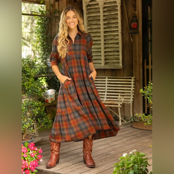 NATURAL LIFE Dresses & Skirts - NATURAL LIFE Boho Rebecca Plaid Tiered Midi Dress with Pockets 100% Cotton